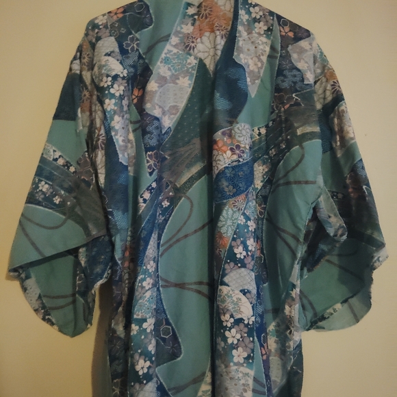 Vtg Japanese Floral Kimono Robe in Blue and Green Size OS - Picture 9 of 10